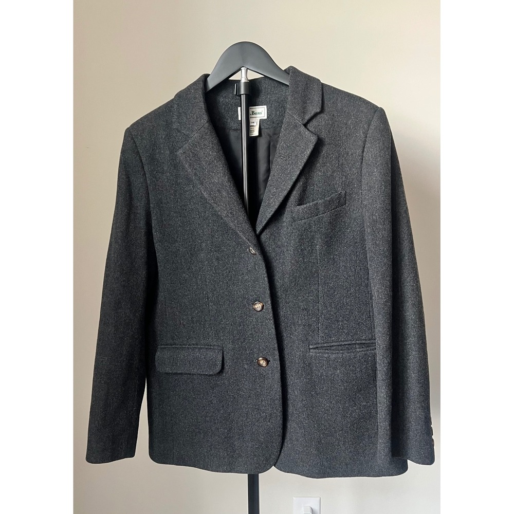 LL Bean Womens 14 Wool Cashmere Blend Blazer Jacket Charcoal Gray 3-Button
